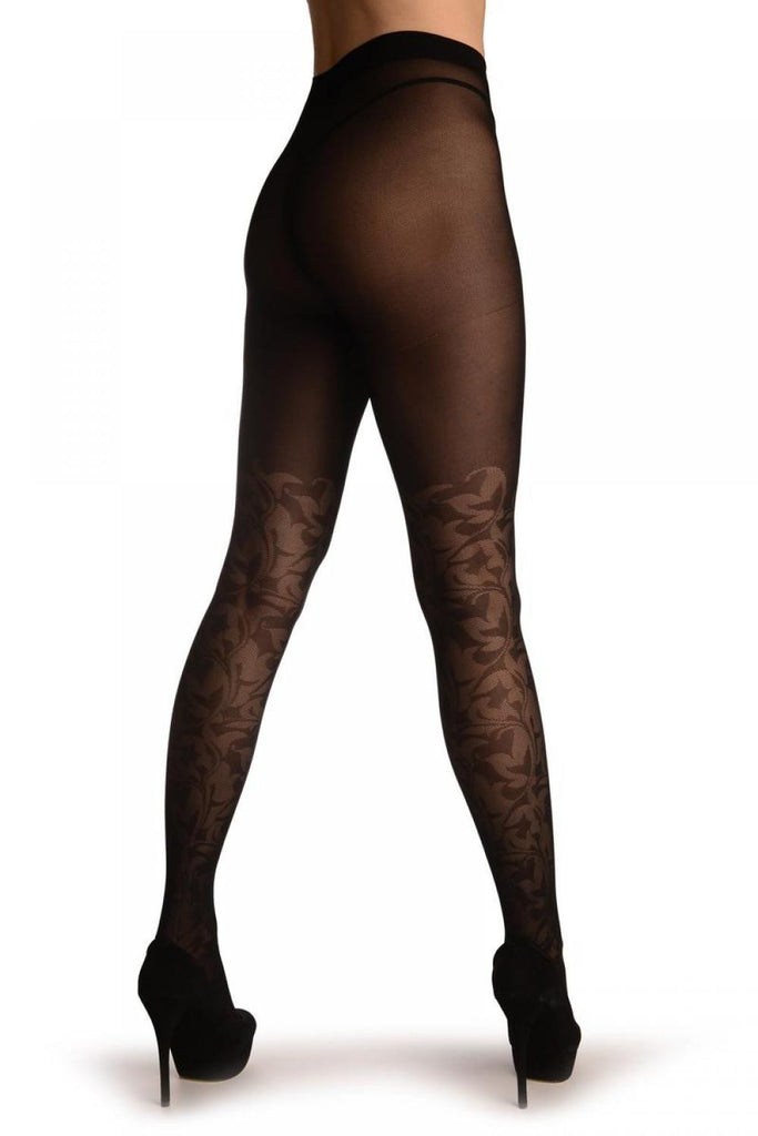 Liss Kiss Black With Semi Transparent Woven Leaves Over The Knee - Tights
