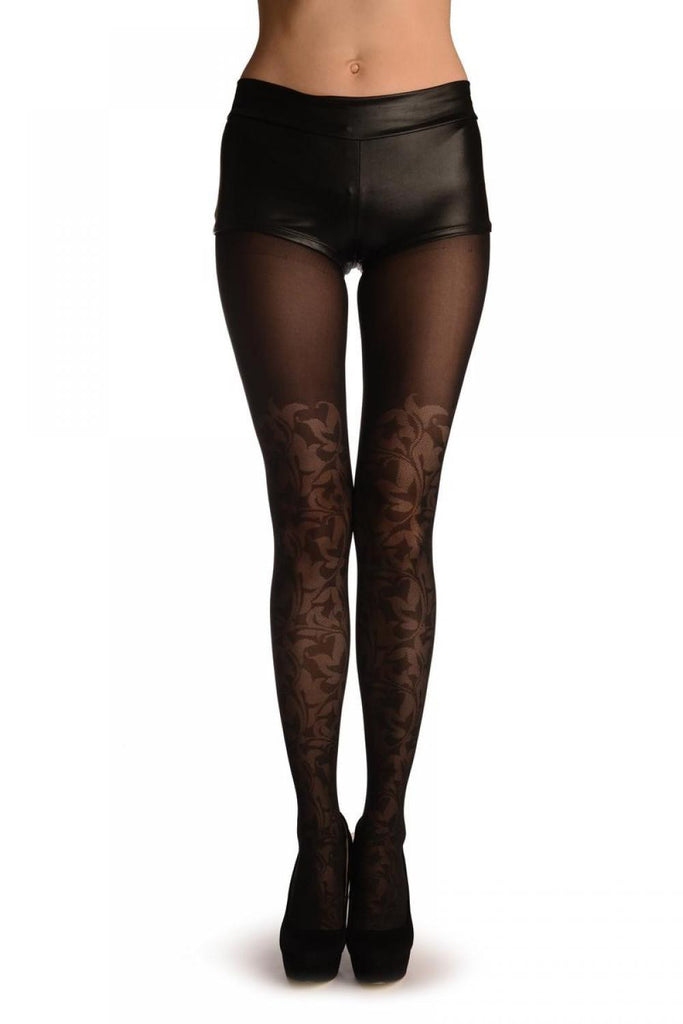 liss kiss Black With Semi Transparent Woven Leaves Over The Knee - Tights