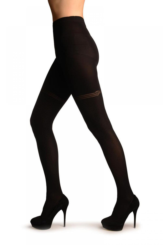 Liss Kiss Black With Sheer Dots And Striped Bow Garter Tights - Tights