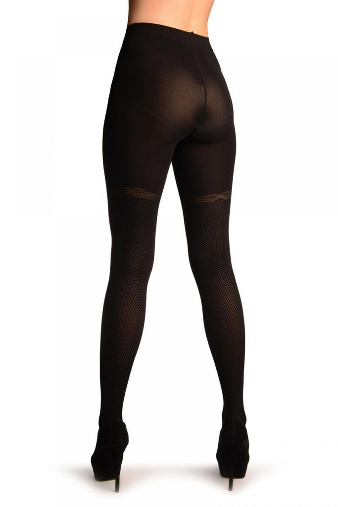 Liss Kiss Black With Sheer Dots And Striped Bow Garter Tights - Tights
