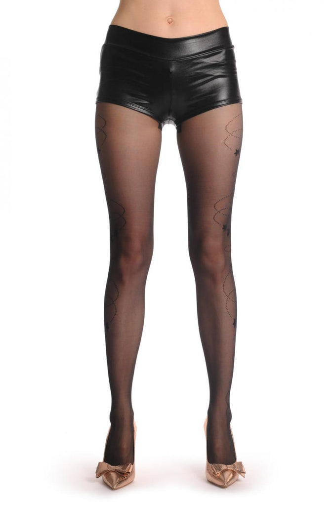 Liss Kiss Black With Side Dotted Spiral With Seer Flower & Leaves - Tights