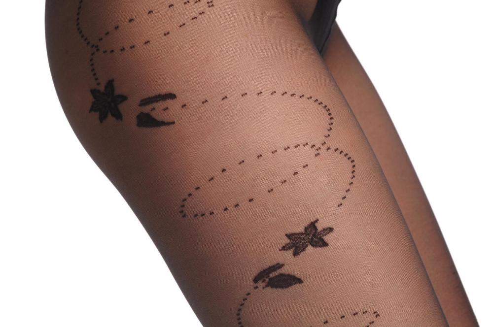 Liss Kiss Black With Side Dotted Spiral With Seer Flower & Leaves - Tights