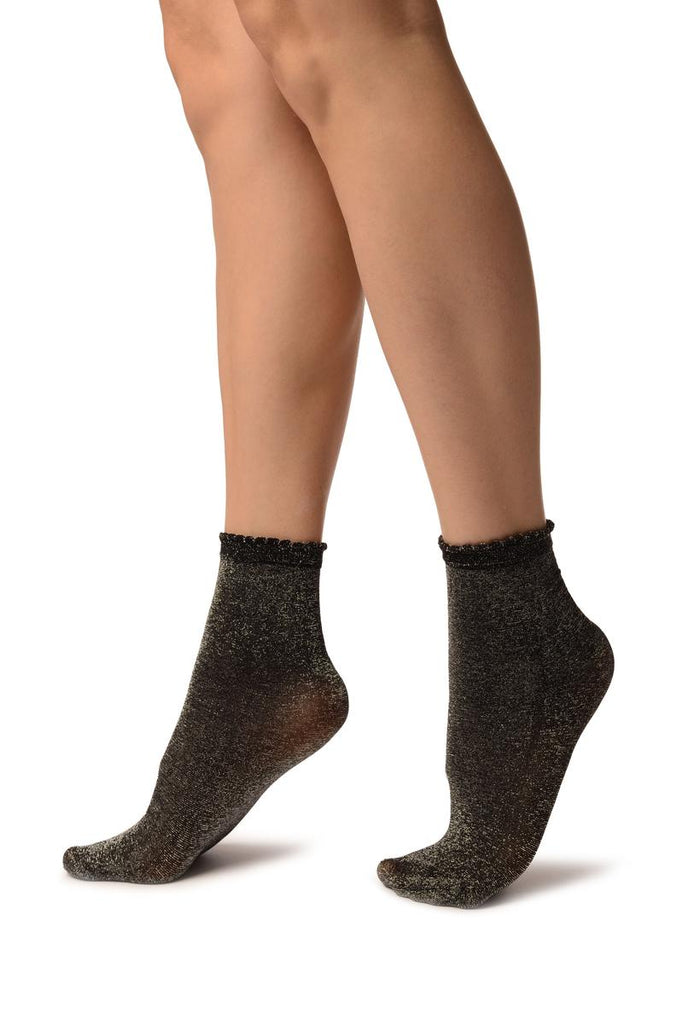 Liss Kiss Black With Silver Lurex Comfort Top Ankle High Socks - Socks