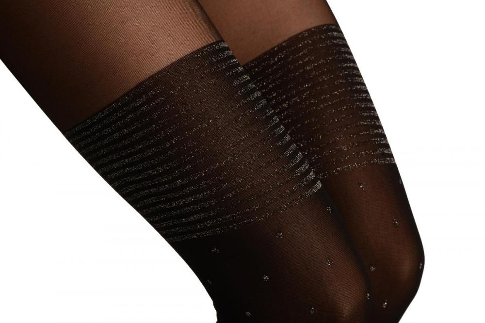 Liss Kiss Black With Silver Lurex Dots & Stripped Garter - Tights