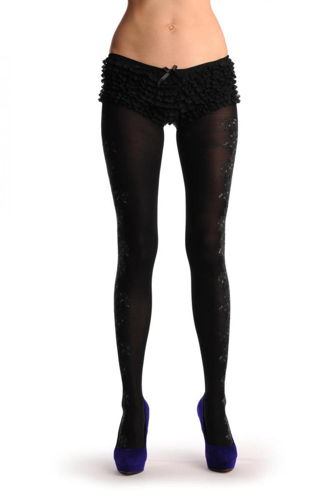 Liss Kiss Black With Silver Lurex & Flowers Lace On The Side - Tights