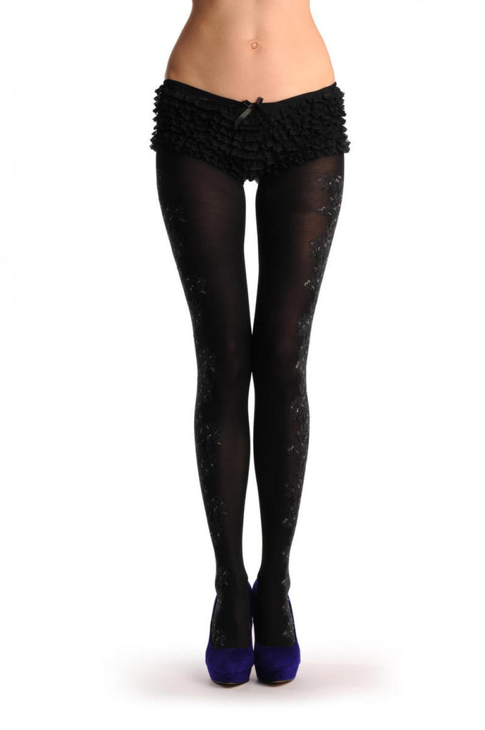 Liss Kiss Black With Silver Lurex & Flowers Lace On The Side - Tights