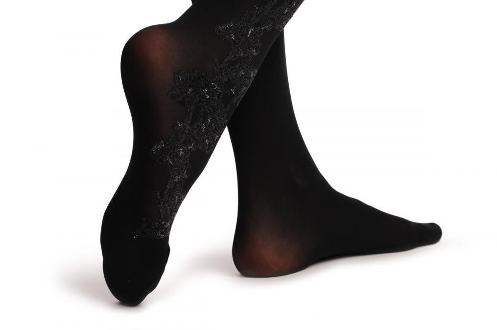Liss Kiss Black With Silver Lurex & Flowers Lace On The Side - Tights