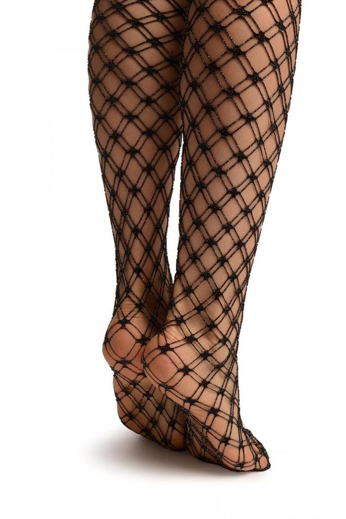 Liss Kiss Black With Silver Lurex Luxurious Duble Mesh Fishnet Tights - Tights