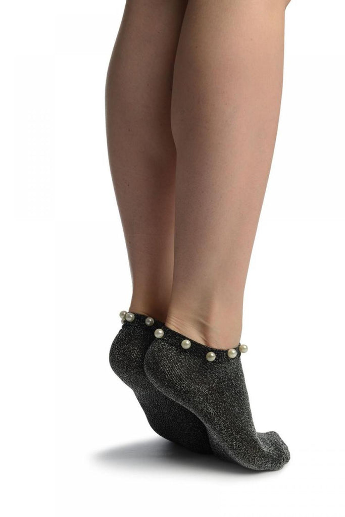 Liss Kiss Black With Silver Lurex & Pearls Footsies Socks - Footsies Socks