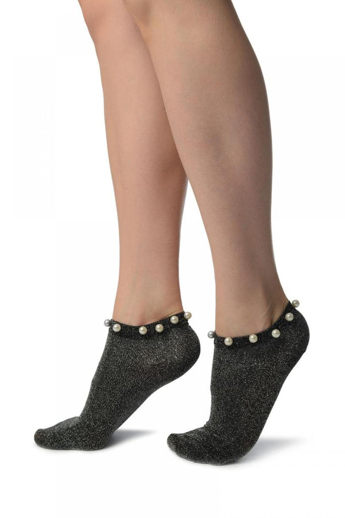 Liss Kiss Black With Silver Lurex & Pearls Footsies Socks - Footsies Socks