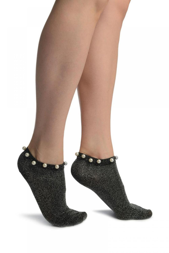 liss kiss Black With Silver Lurex & Pearls Footsies Socks - Footsies Socks