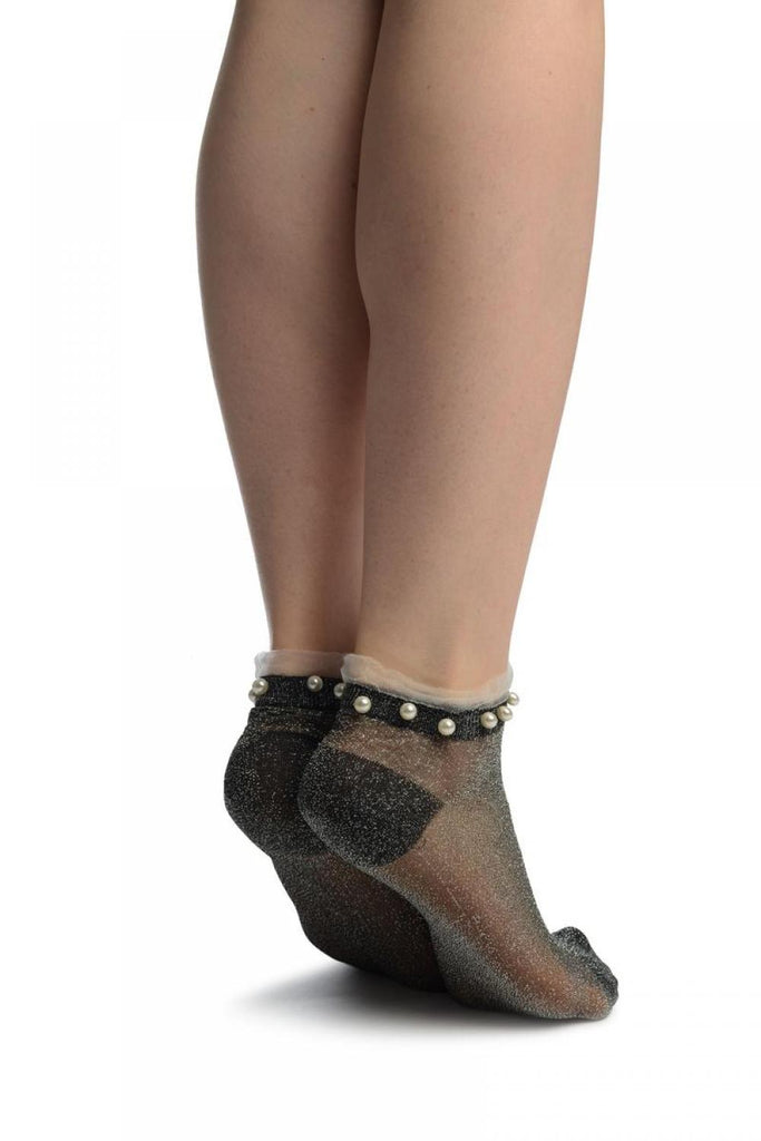 Liss Kiss Black With Silver Lurex Pearls & Frills Top Footsies Socks - Footsies Socks