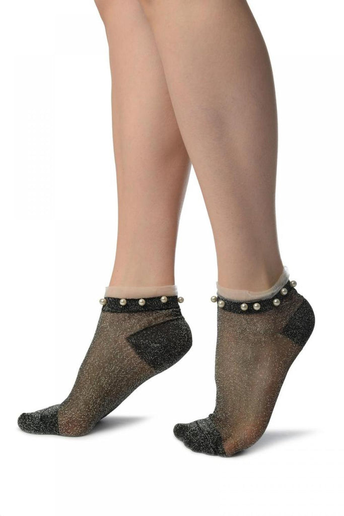 Liss Kiss Black With Silver Lurex Pearls & Frills Top Footsies Socks - Footsies Socks