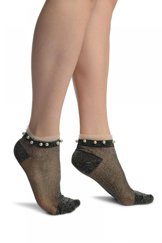 liss kiss Black With Silver Lurex Pearls & Frills Top Footsies Socks - Footsies Socks