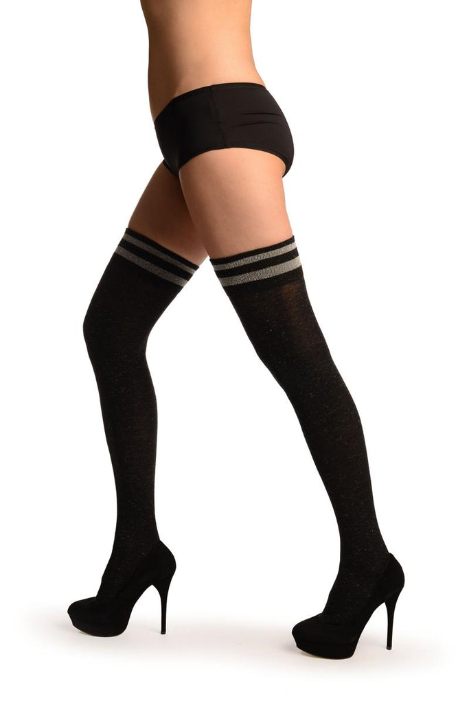 Liss Kiss Black With Silver Lurex & Stripes Over The Knee Socks - Over The Knee Socks