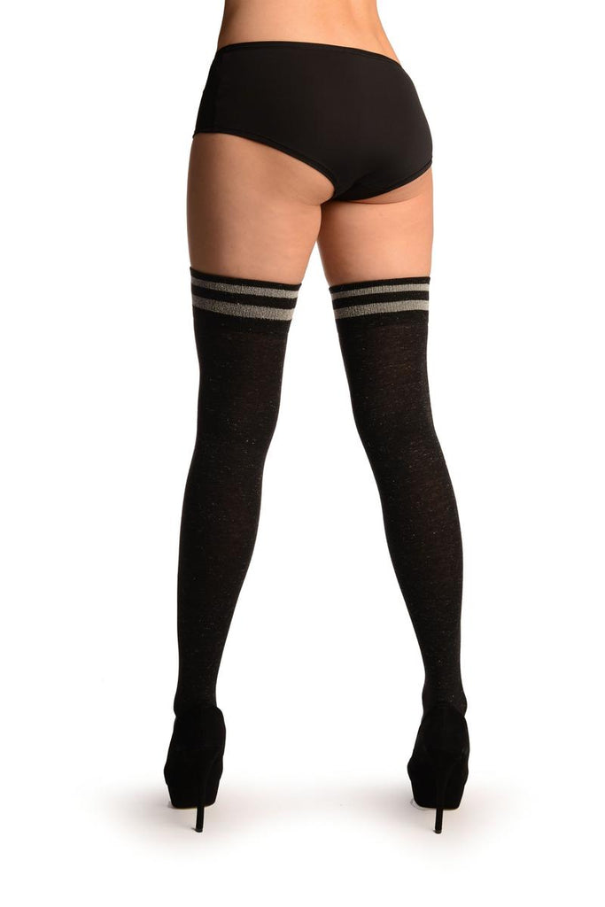Liss Kiss Black With Silver Lurex & Stripes Over The Knee Socks - Over The Knee Socks