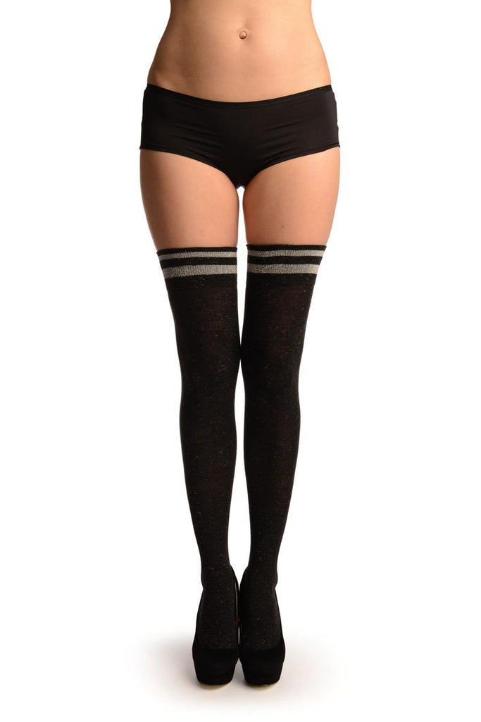 liss kiss Black With Silver Lurex & Stripes Over The Knee Socks - Over The Knee Socks