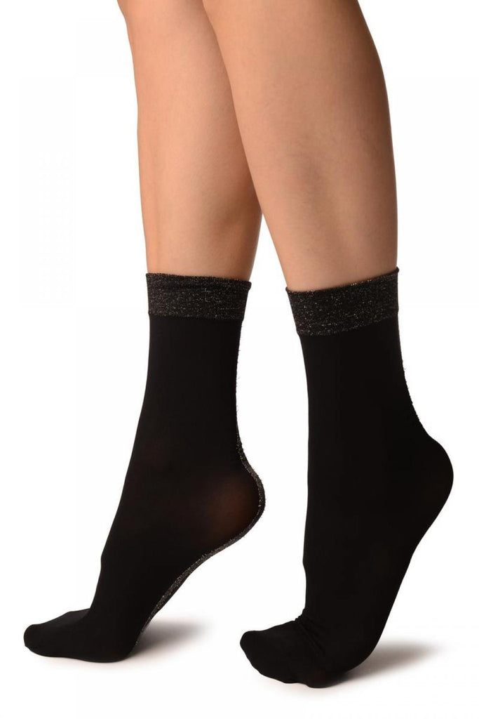 Liss Kiss Black With Silver Lurex Wide Back Seam Ankle High Socks - Socks