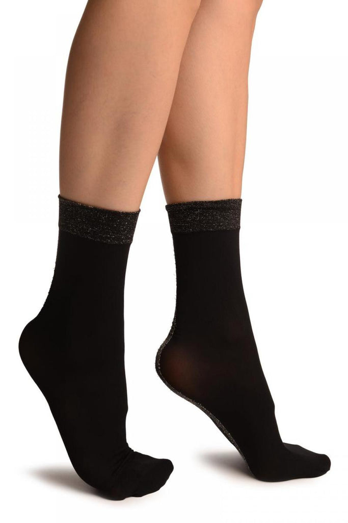 Liss Kiss Black With Silver Lurex Wide Back Seam Ankle High Socks - Socks