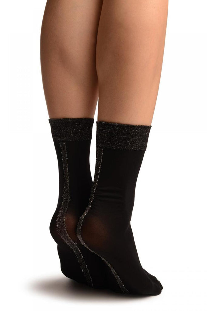 liss kiss Black With Silver Lurex Wide Back Seam Ankle High Socks - Socks