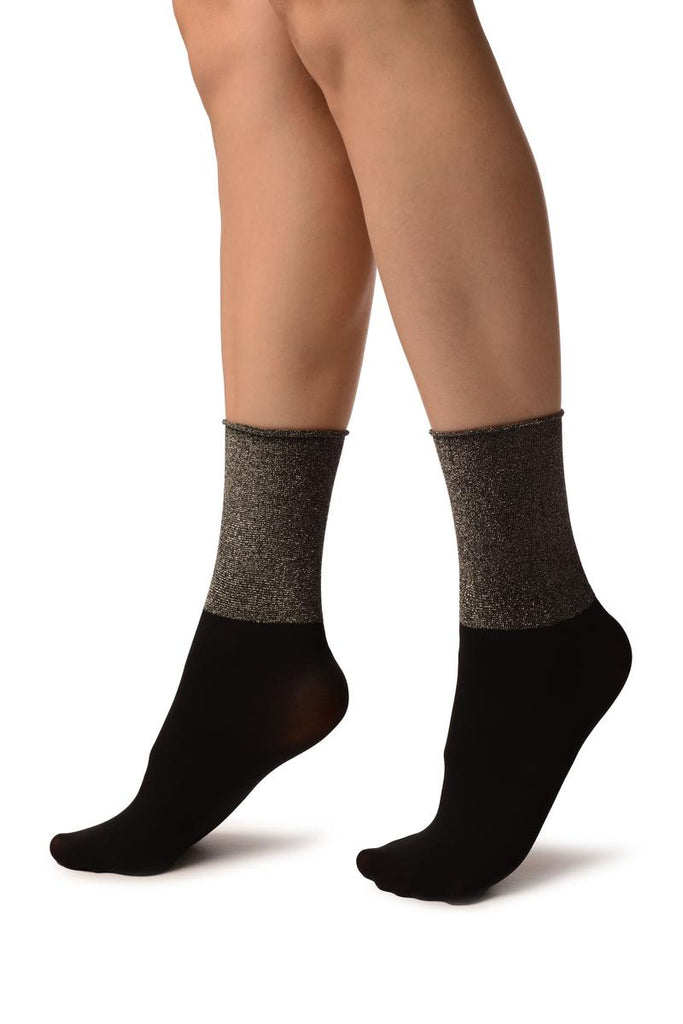 Liss Kiss Black With Silver Lurex Wide Stripe Top Ankle High Socks - Socks