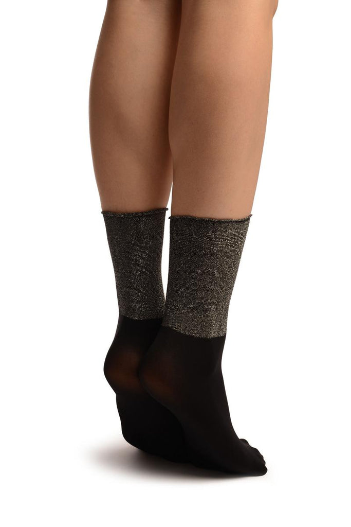 Liss Kiss Black With Silver Lurex Wide Stripe Top Ankle High Socks - Socks