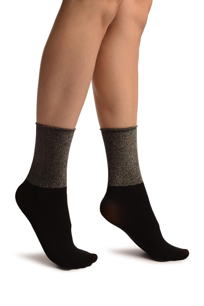 liss kiss Black With Silver Lurex Wide Stripe Top Ankle High Socks - Socks