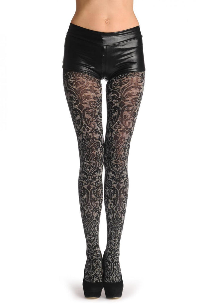Liss Kiss Black With Silver Lurex Woven Vintage Pattern - Tights