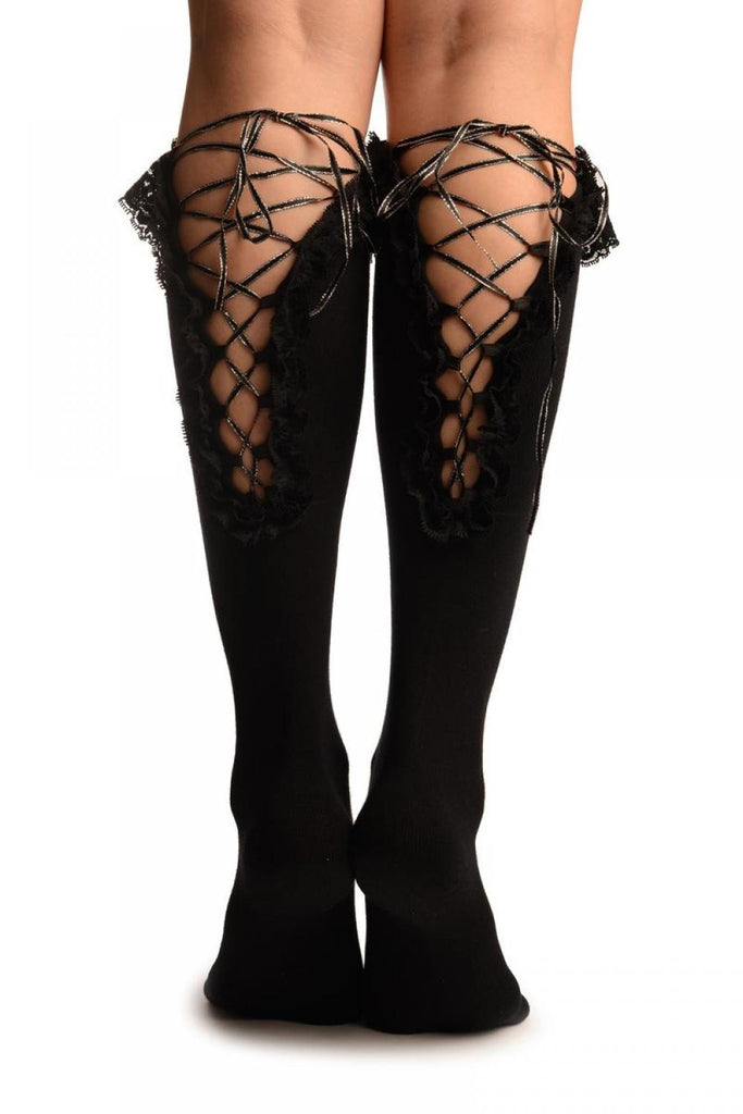 Liss Kiss Black With Silver Ribbon Lace Up & Lace Top Knee High Socks - Socks