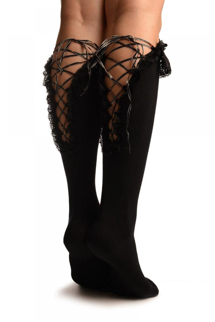 liss kiss Black With Silver Ribbon Lace Up & Lace Top Knee High Socks - Socks