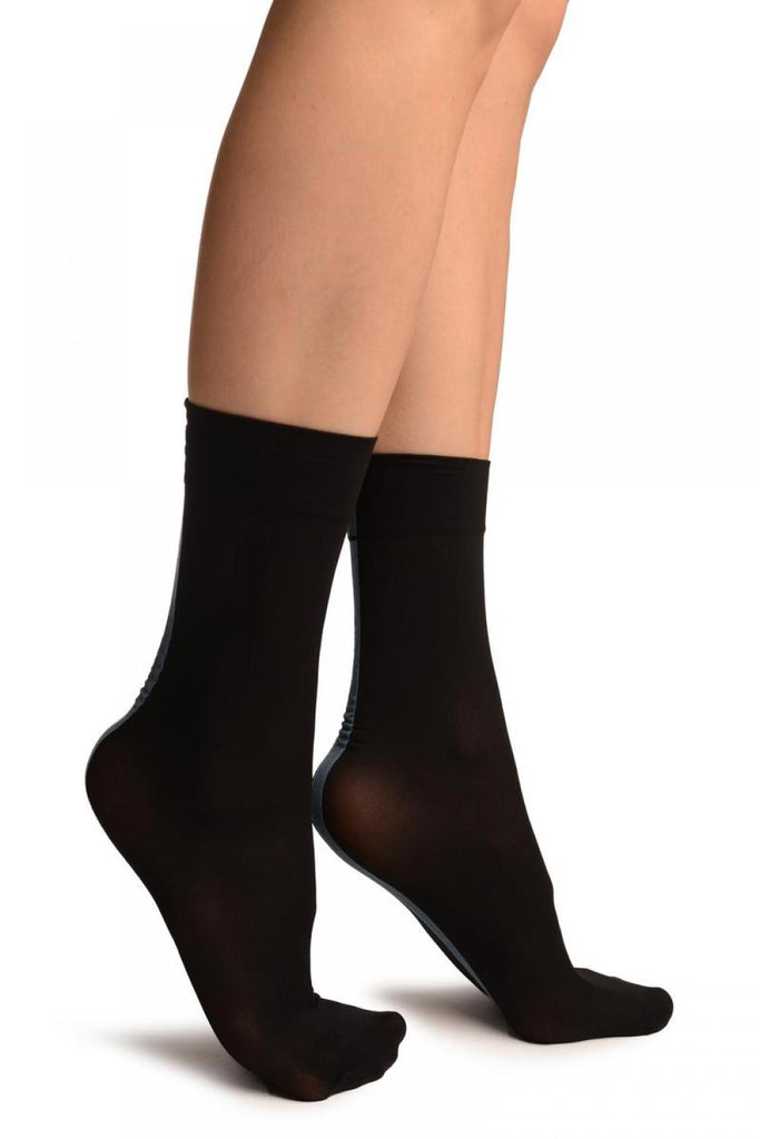 Liss Kiss Black With Slate Blue Wide Back Seam Ankle High Socks - Socks