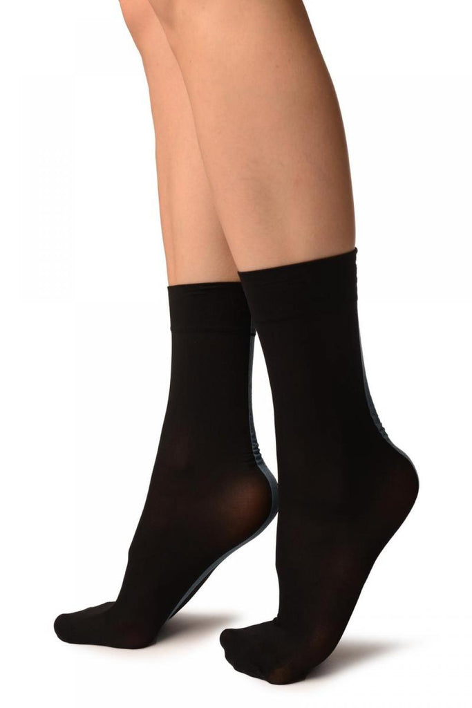 Liss Kiss Black With Slate Blue Wide Back Seam Ankle High Socks - Socks