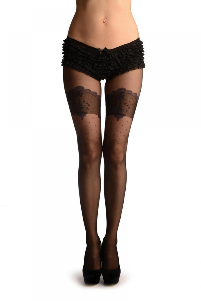 liss kiss Black With Small Dots Versailles Lace Top & Back Seam - Tights