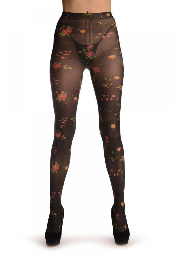 Liss Kiss Black With Small Red Bellflowers & Roses - Tights