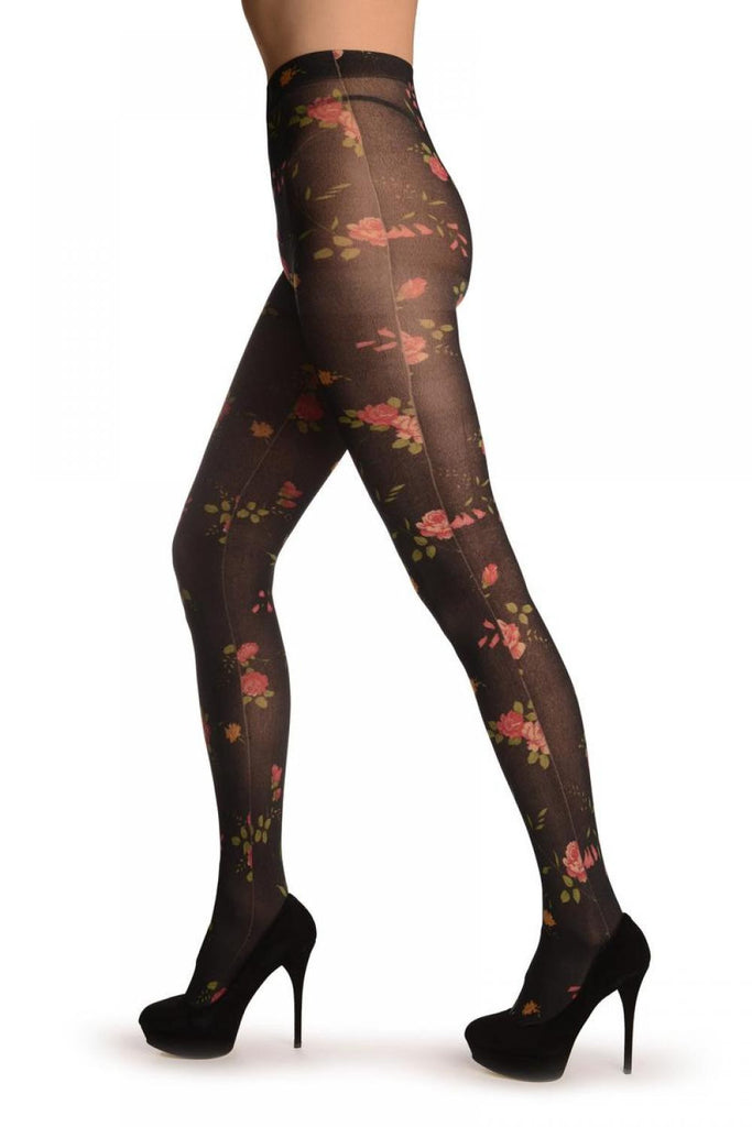 Liss Kiss Black With Small Red Bellflowers & Roses - Tights