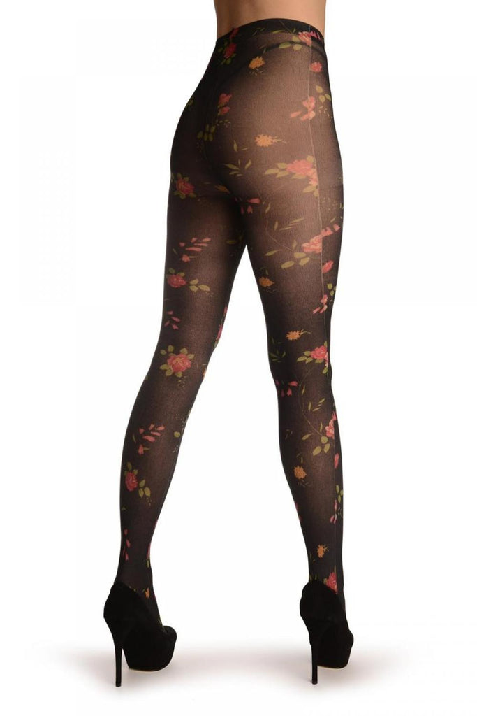 Liss Kiss Black With Small Red Bellflowers & Roses - Tights