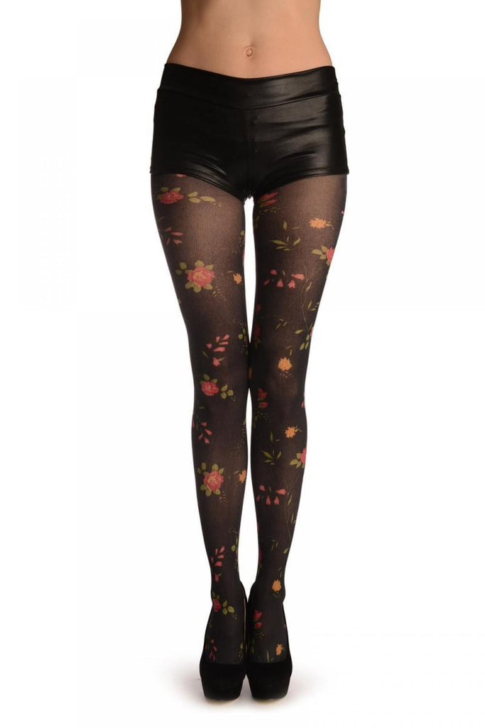 liss kiss Black With Small Red Bellflowers & Roses - Tights