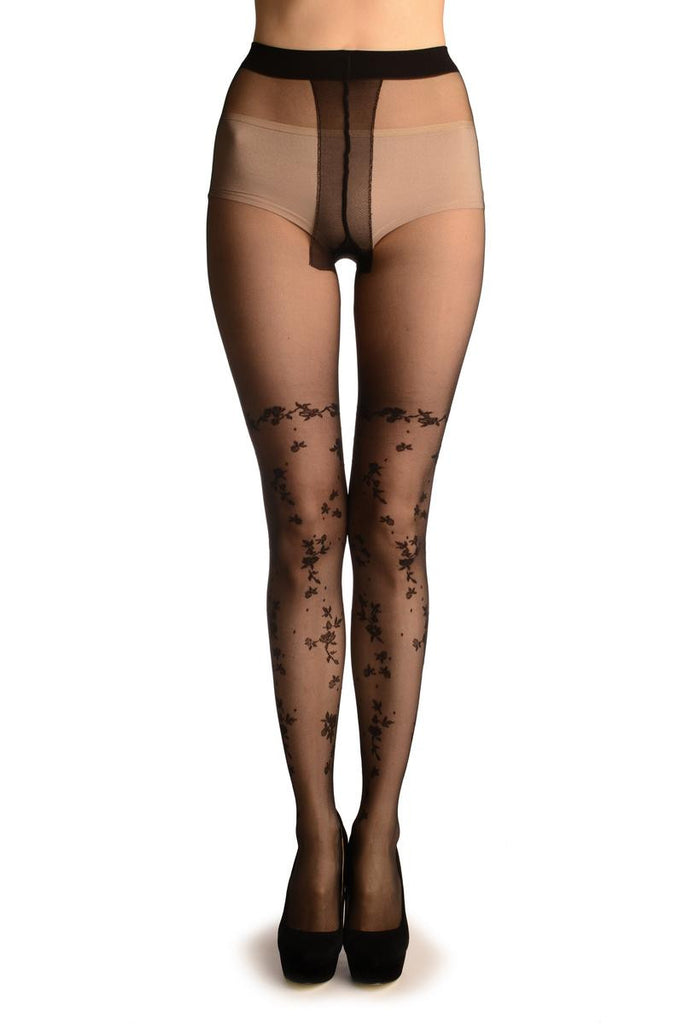 Liss Kiss Black With Small Roses Faux Stockings - Tights