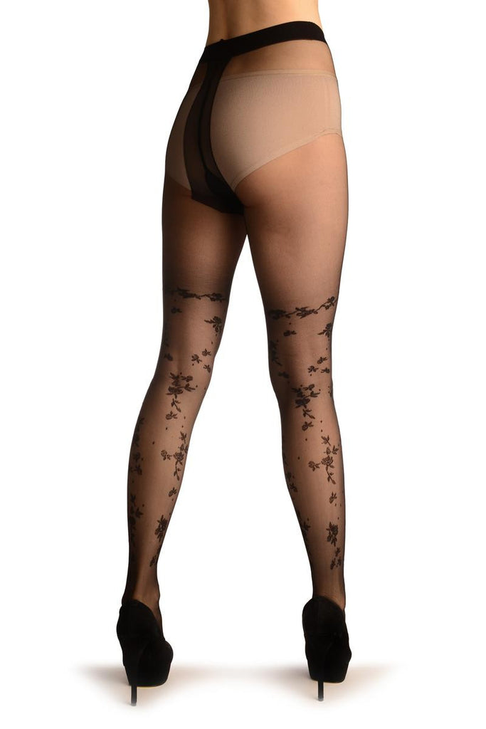 Liss Kiss Black With Small Roses Faux Stockings - Tights