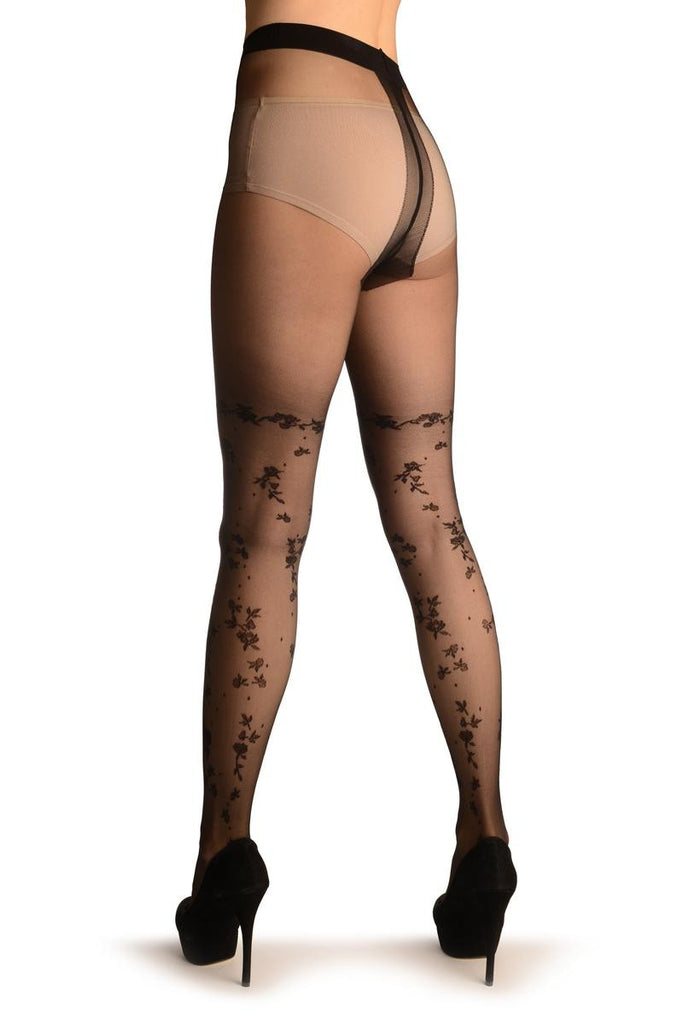Liss Kiss Black With Small Roses Faux Stockings - Tights