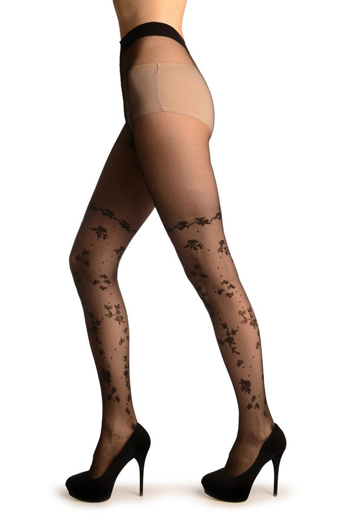liss kiss Black With Small Roses Faux Stockings - Tights