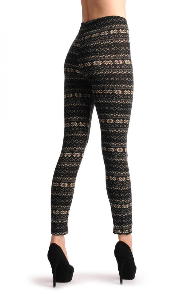Liss Kiss Black With Small Snowflakes Aztec Jacquard Knit - Leggings