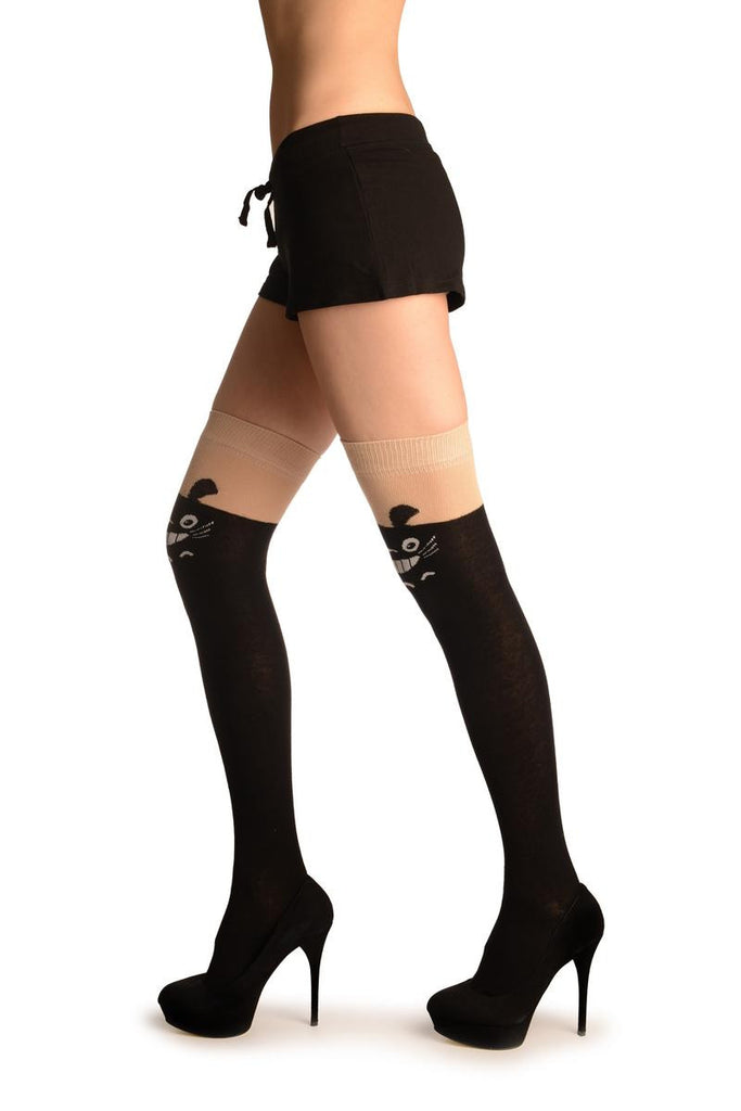 Liss Kiss Black With Spooky Smile On Beige - Over The Knee Socks