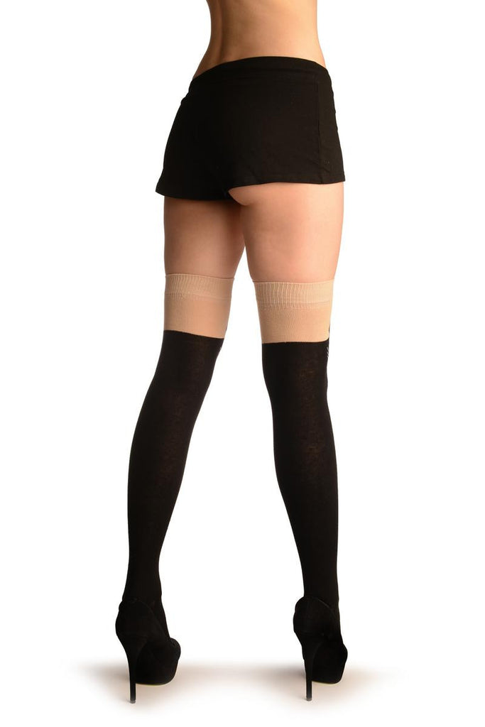 Liss Kiss Black With Spooky Smile On Beige - Over The Knee Socks
