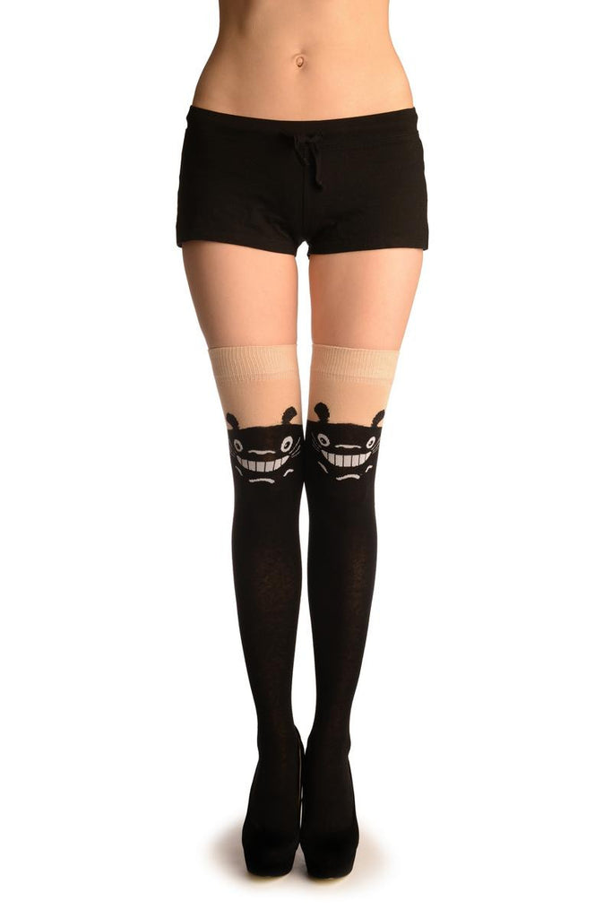 liss kiss Black With Spooky Smile On Beige - Over The Knee Socks