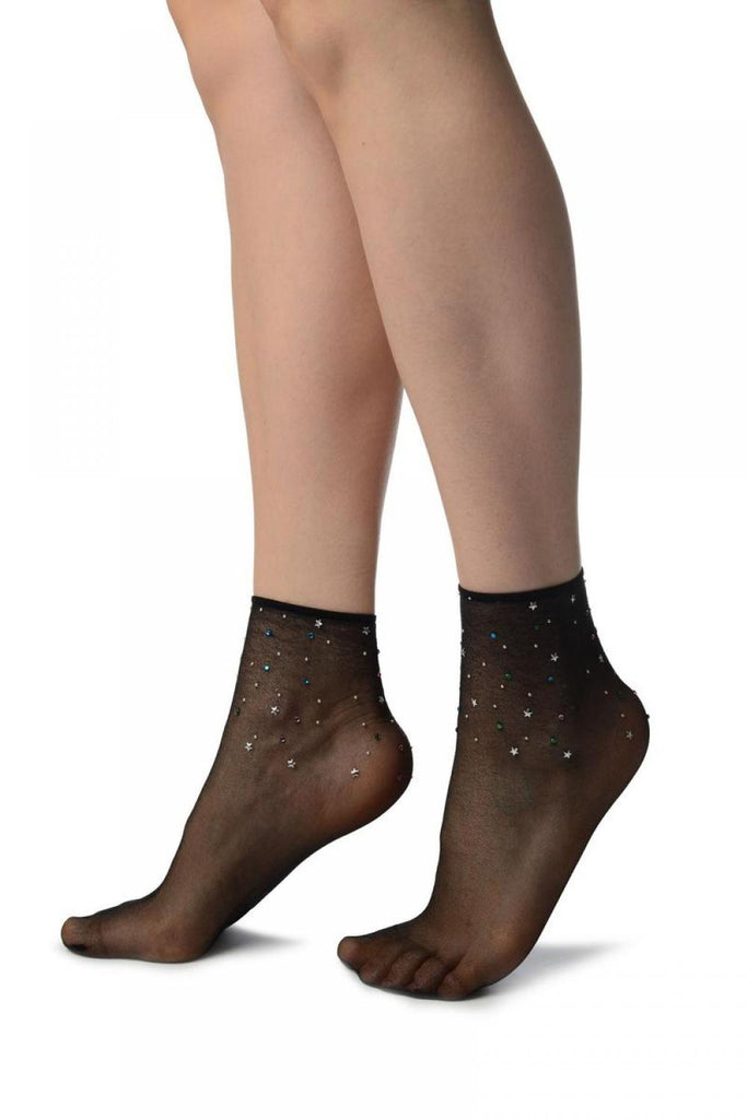 Liss Kiss Black With Stars & Crystals Ankle High Socks - Socks