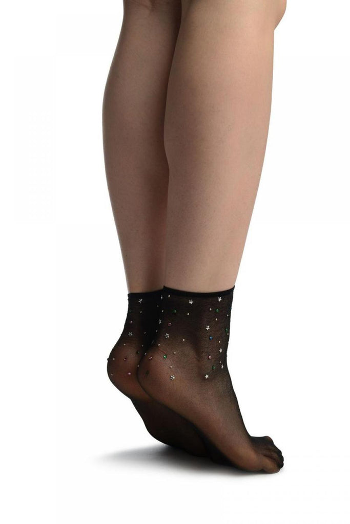 Liss Kiss Black With Stars & Crystals Ankle High Socks - Socks