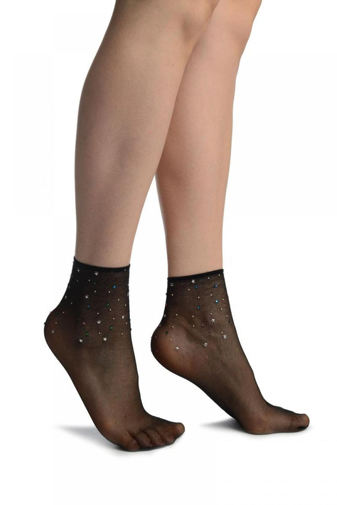 liss kiss Black With Stars & Crystals Ankle High Socks - Socks