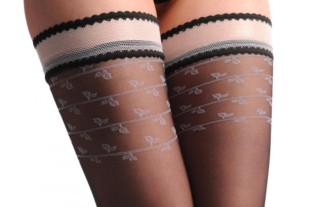 Liss Kiss Black With Striped Top & Matching White Mesh Silicon Garter - Hold Ups