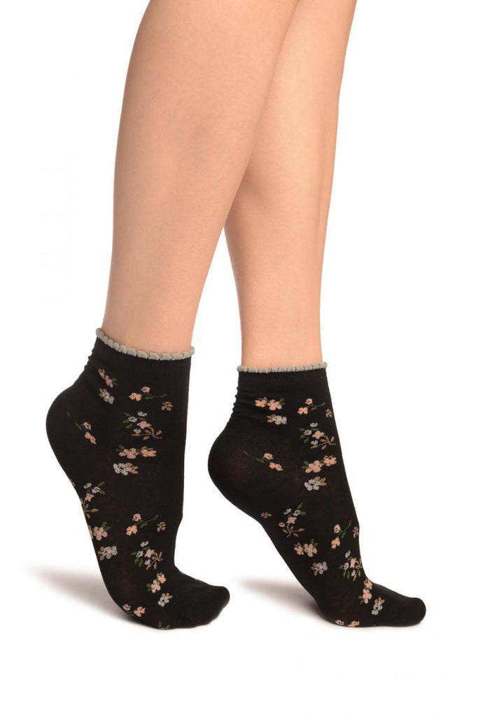 liss kiss Black With Summer Flowers Ankle High Socks - Socks